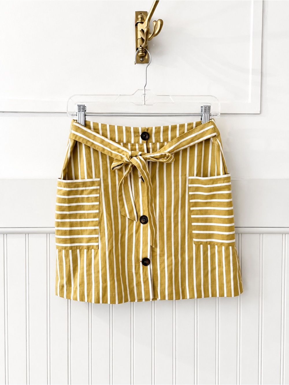 Altar'd State Mustard and White Striped Tie-Waist Mini Skirt